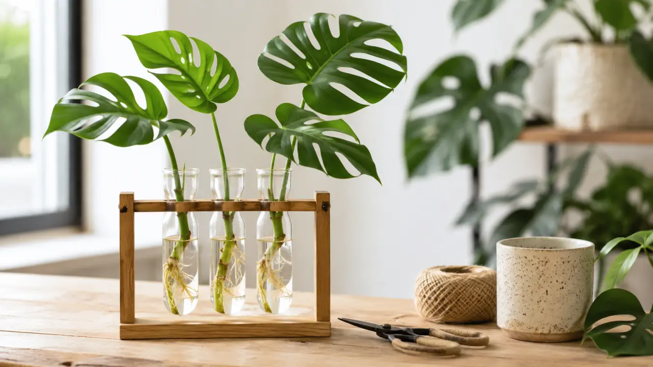 Station de bouturage en bois avec des tubes en verre contenant des racines de Monstera, lumière naturelle matinale