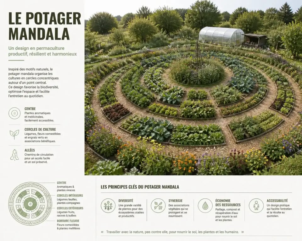 Vue d'ensemble d'un potager mandala en permaculture avec ses anneaux de culture et ses allées