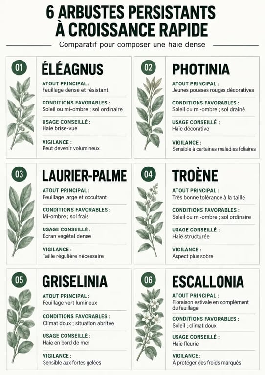 Infographie comparative des arbustes persistants à croissance rapide pour haie et écran végétal