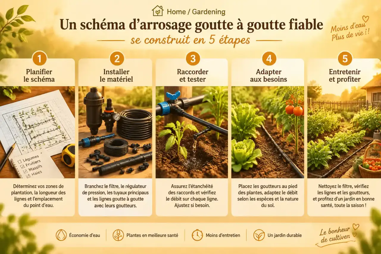 Un schéma d’arrosage goutte à goutte fiable se construit en 5 étapes