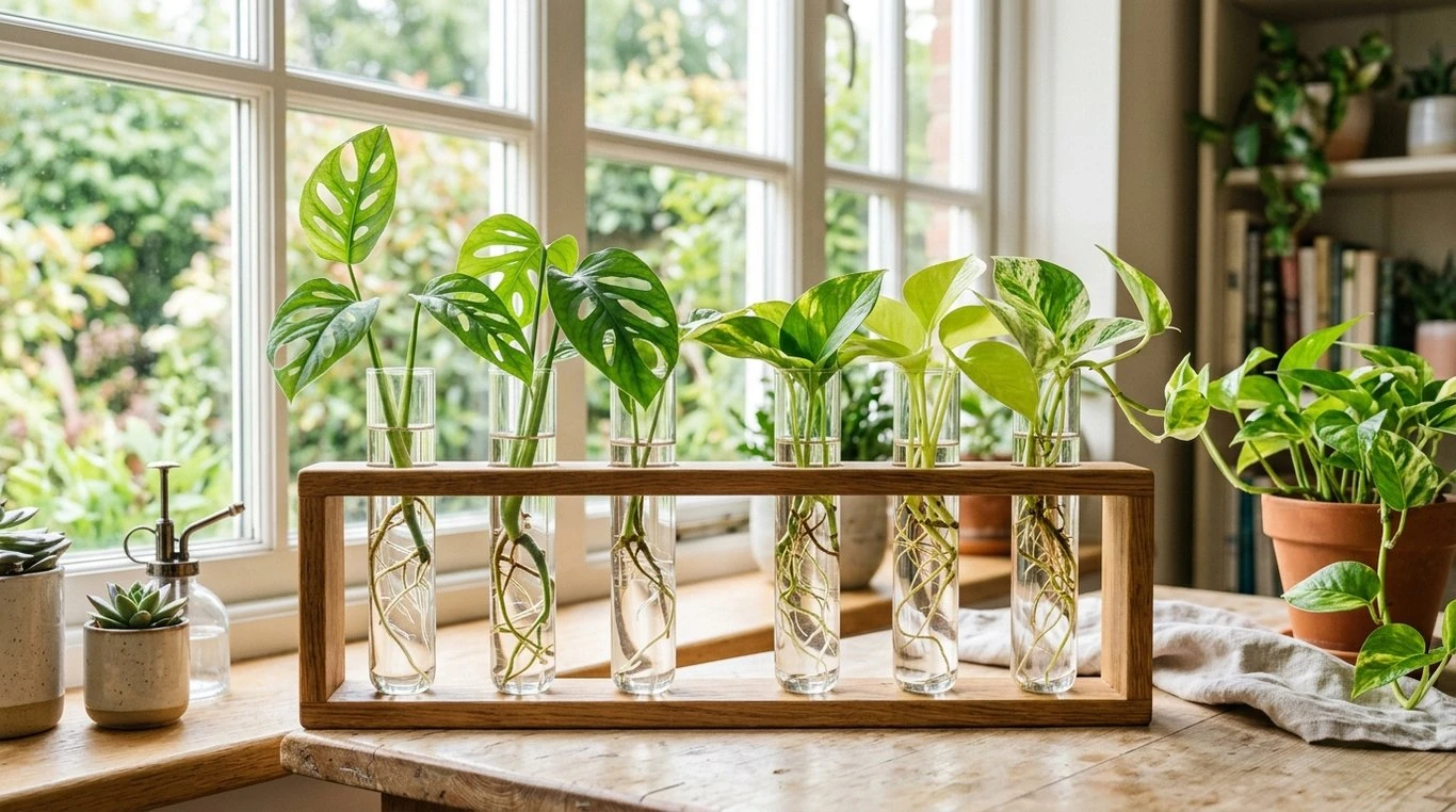 Station de bouturage en bois avec tubes en verre contenant des racines de Monstera