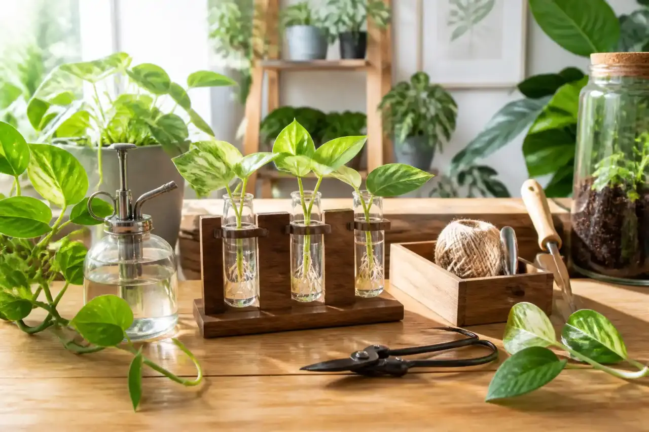Station de bouturage artisanale en bois avec boutures de Monstera en cours d'enracinement
