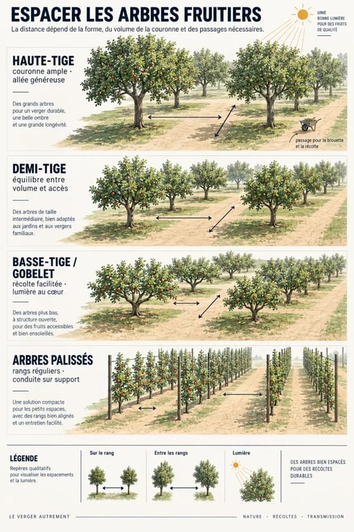 Infographie sur la distance entre les arbres fruitiers selon la forme du verger