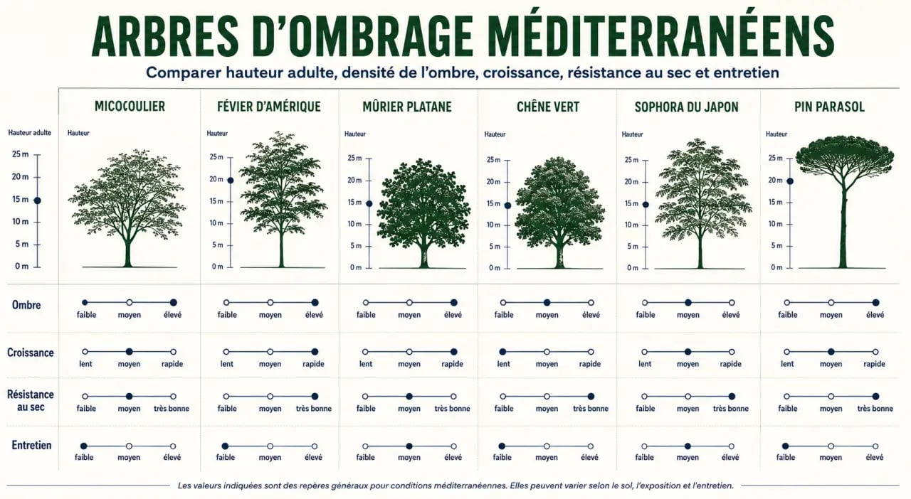 Arbre pour ombrage : comparaison visuelle des essences selon la hauteur, l’ombre et l’entretien