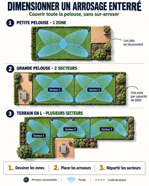 Infographie sur le dimensionnement d’un kit arrosage automatique pelouse enterré selon la forme du terrain