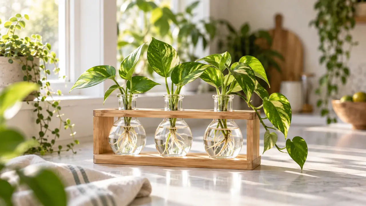 Station artisanale en bois avec des boutures de pothos dans des tubes en verre