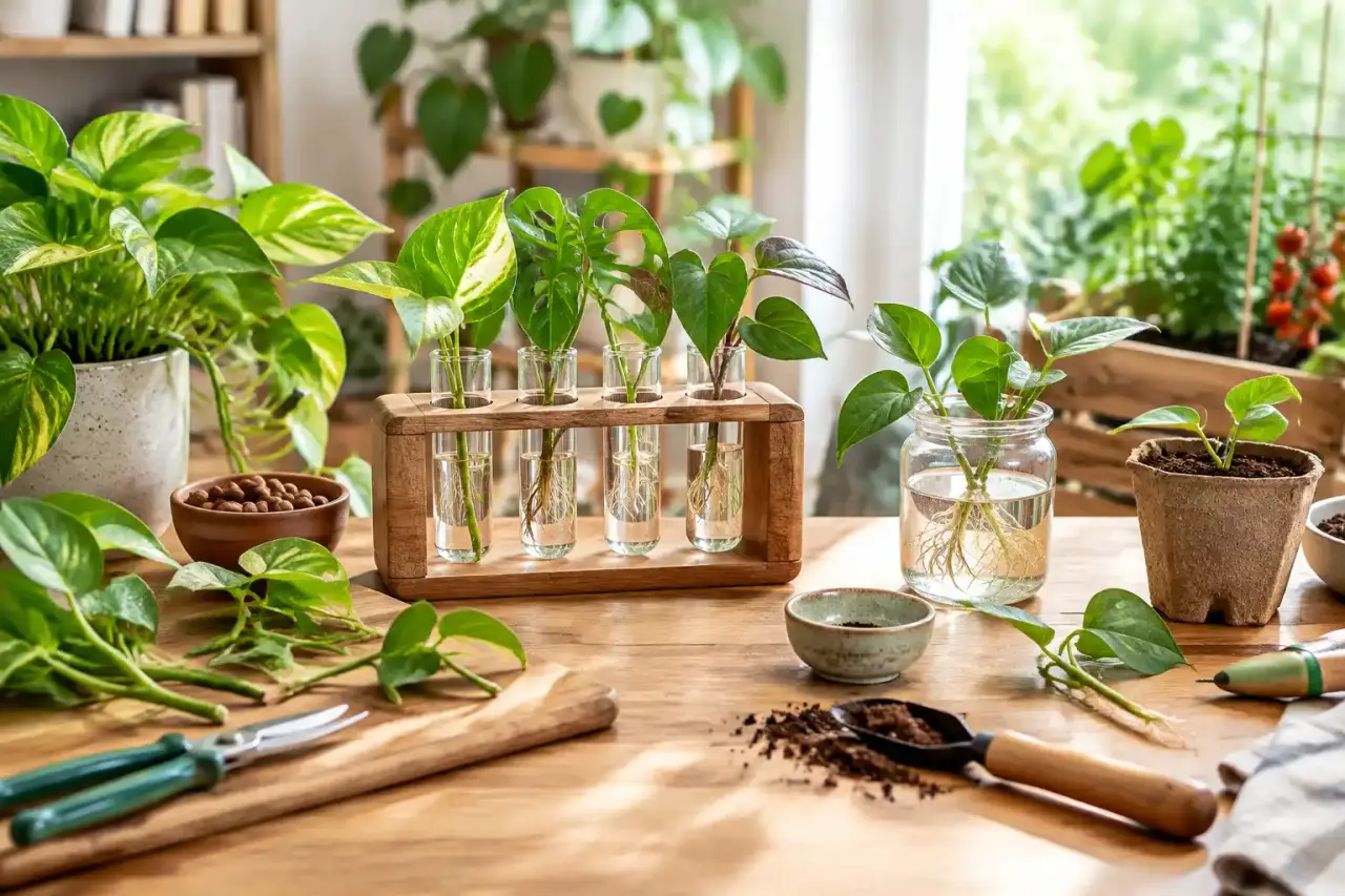 Station de bouturage artisanale en bois avec racines de Monstera en croissance