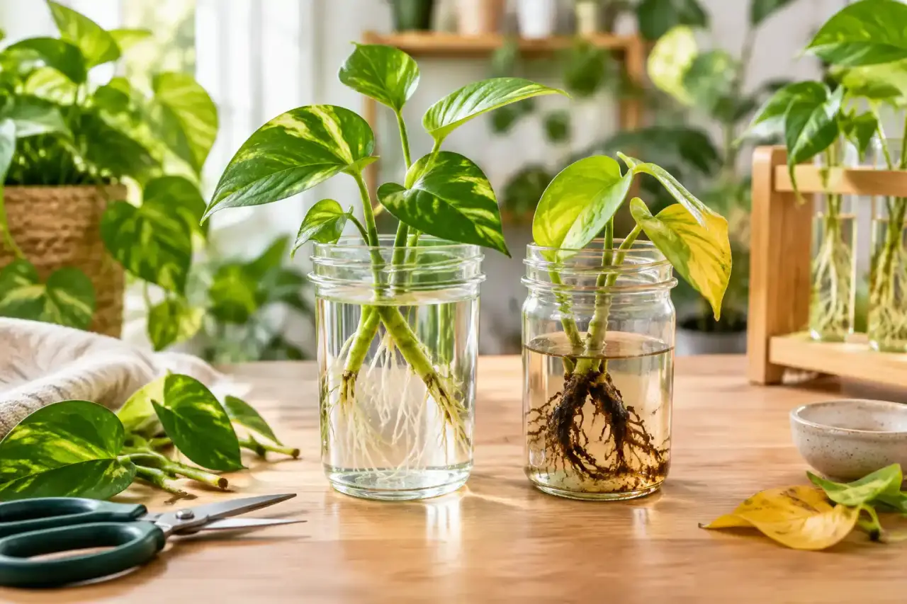Boutures de pothos dans des tubes en verre remplis d’eau