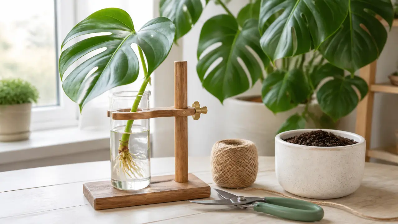Station de bouturage en bois avec des tubes en verre contenant une bouture de monstera