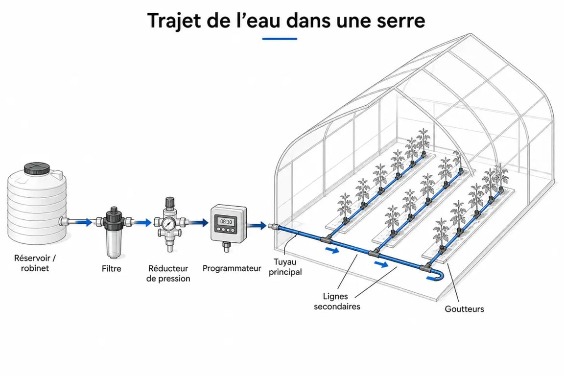 Arrosage automatique serre schéma simplifié du circuit avec filtre réducteur de pression et goutteurs