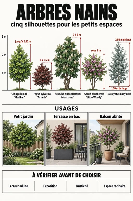 Infographie comparative des arbres nains pour petit jardin, terrasse et balcon
