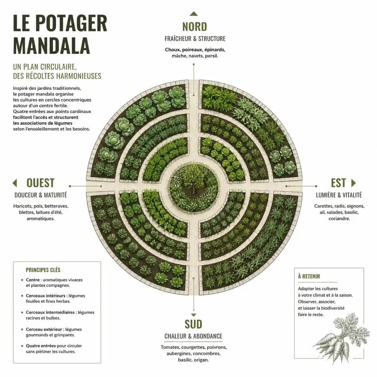 Schéma d'un potager mandala vu de dessus avec ses anneaux concentriques et son orientation aux points cardinaux