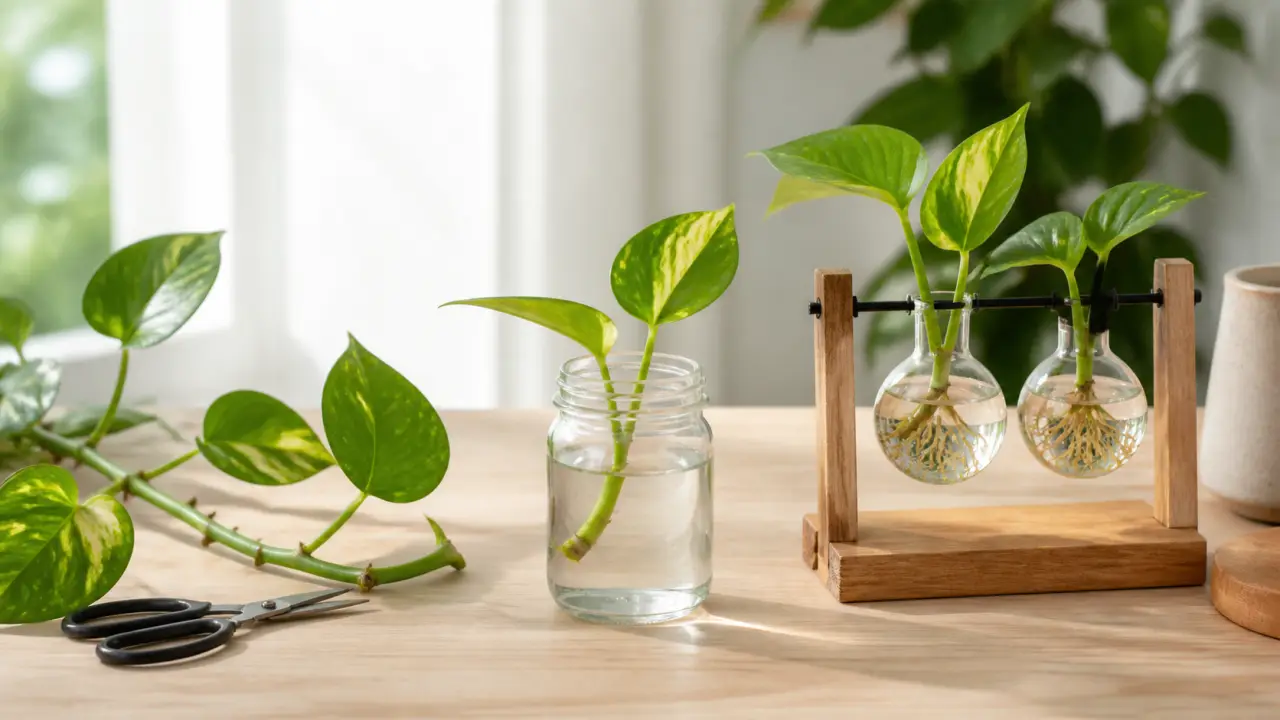 Station de bouturage en bois avec des tubes en verre contenant des racines de pothos sous une lumière naturelle douce