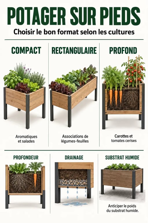 Infographie sur les formats et usages d’un potager pieds