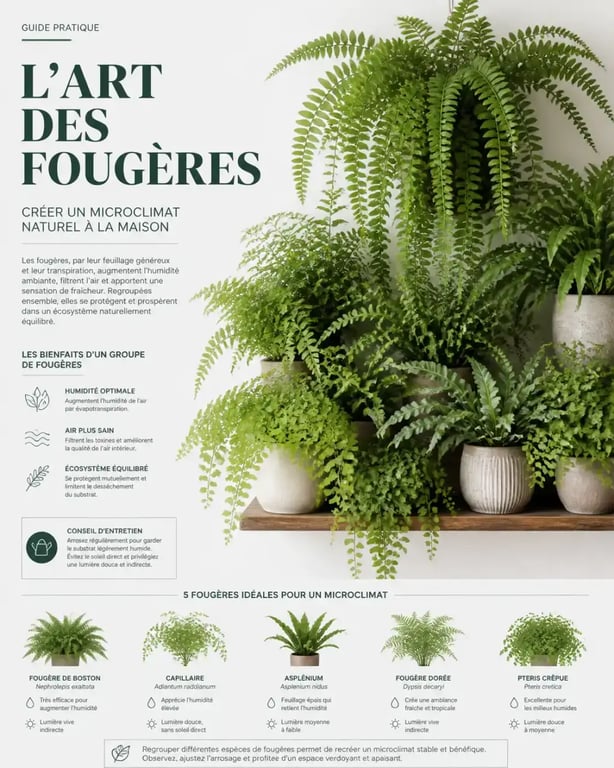 Composition de fougères d'intérieur créant un microclimat pour un feuillage luxuriant