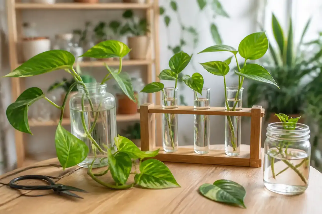 Boutures de pothos dans des tubes en verre sur une station en bois