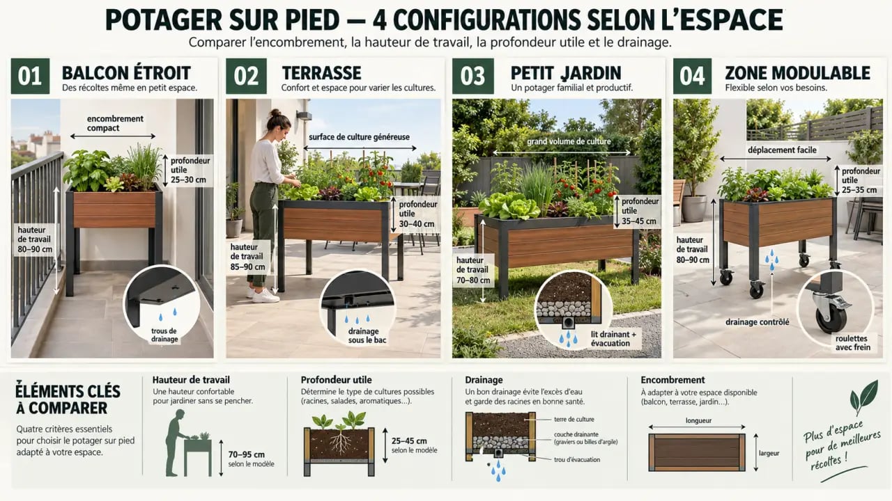 Comparaison de configurations de potager sur pied pour balcon, terrasse et petit jardin