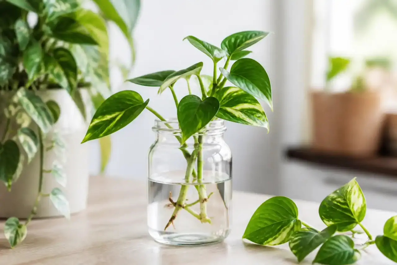 Station de bouturage en bois avec des tiges de pothos en eau et des racines visibles