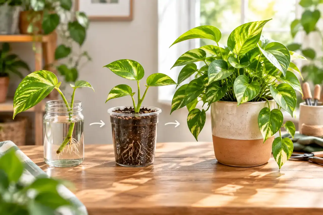 Évolution d'une bouture de pothos, de la tige coupée à la jeune plante enracinée