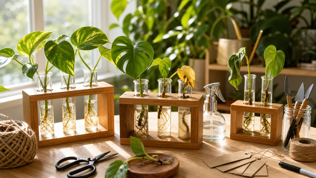 Station de bouturage en bois avec des tubes en verre et de jeunes racines de plantes d’intérieur
