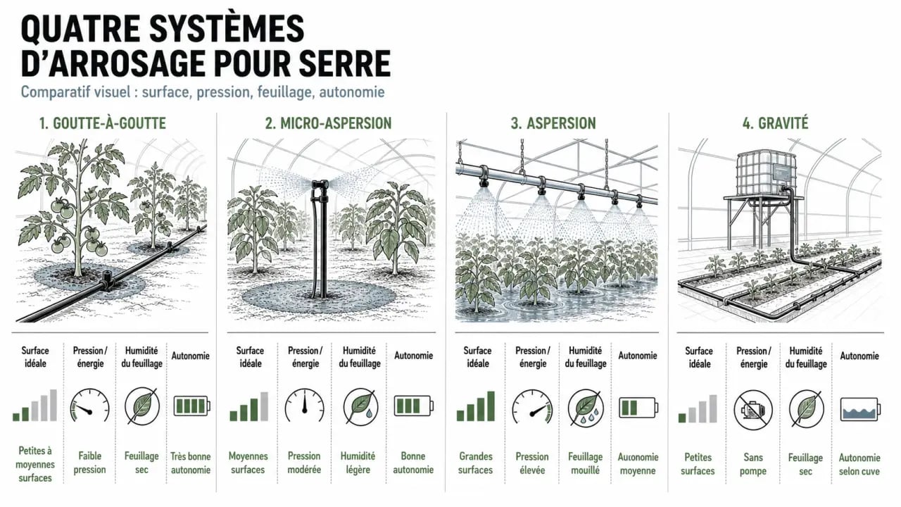 Arrosage automatique serre comparatif des systèmes goutte-à-goutte micro-aspersion aspersion et gravité