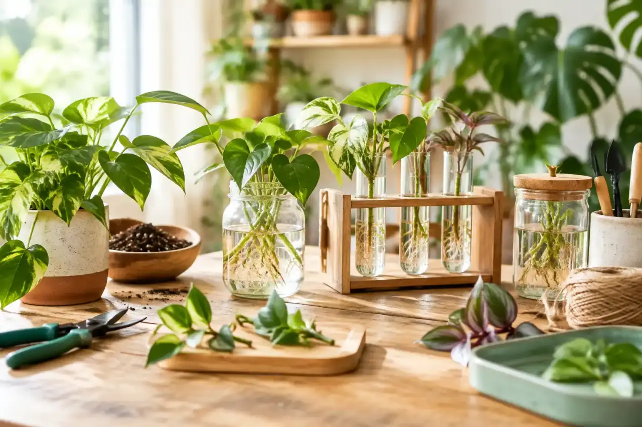 Station de bouturage en bois avec des plantes d'intérieur et des racines dans des tubes en verre
