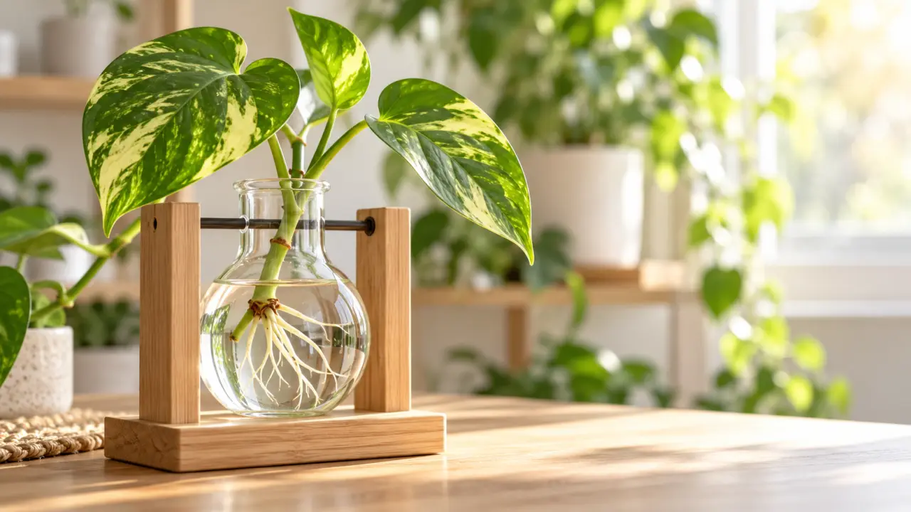 Bouture de pothos dans un verre d’eau, avec de jeunes racines visibles près d’une fenêtre lumineuse