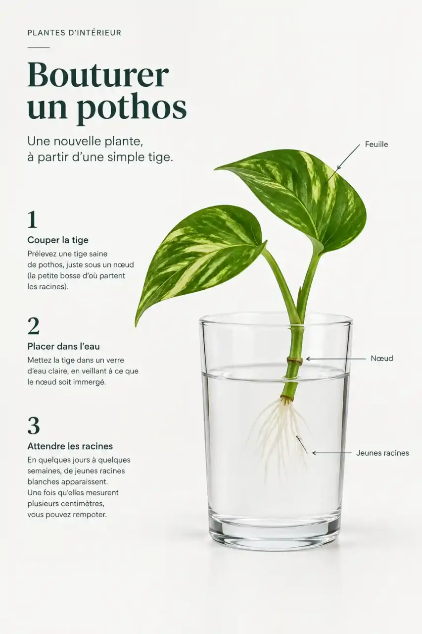 Bouturage d'une plante verte retombante : bouture de pothos qui raciné dans un verre d'eau