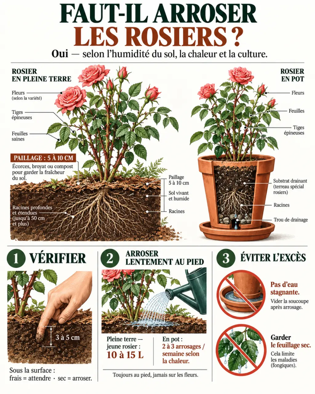 Faut-il arroser les rosiers : repères visuels pour vérifier la terre et arroser au bon moment