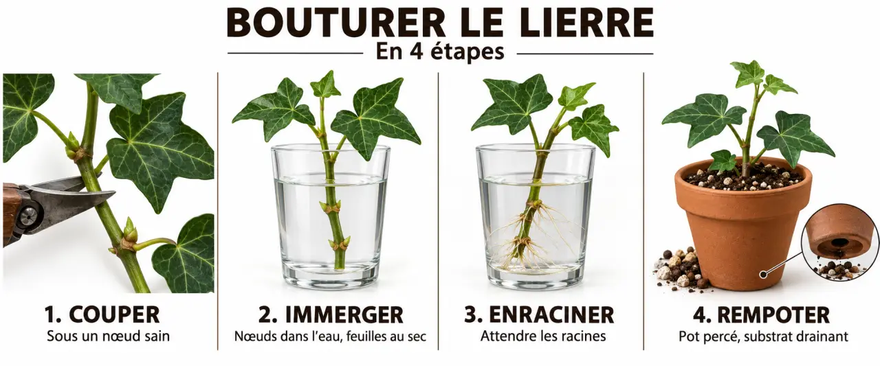 Étapes pour bouturer du lierre dans l’eau puis le rempoter