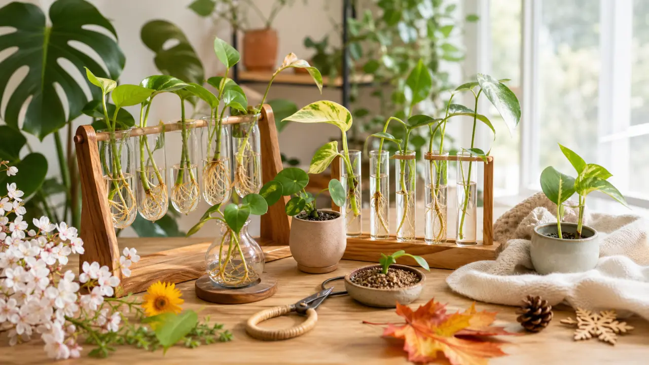 Station de bouturage en bois avec tubes en verre et jeunes racines de plantes d’intérieur
