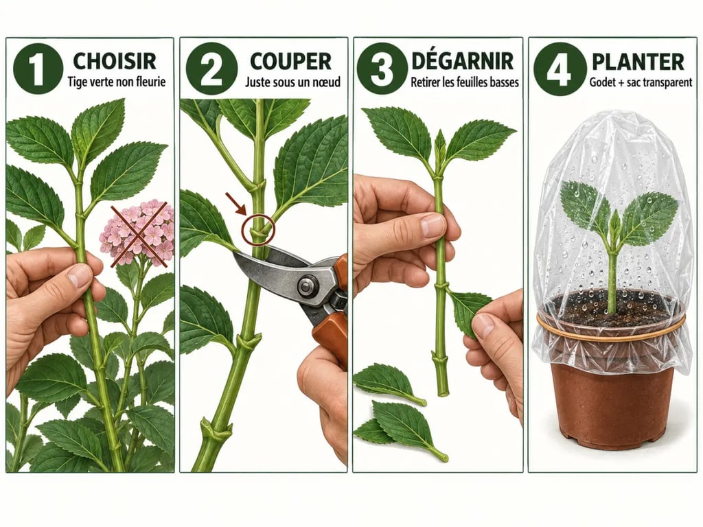 Illustration des étapes pour bouturer un hortensia, de la coupe sous le nœud à la plantation en godet