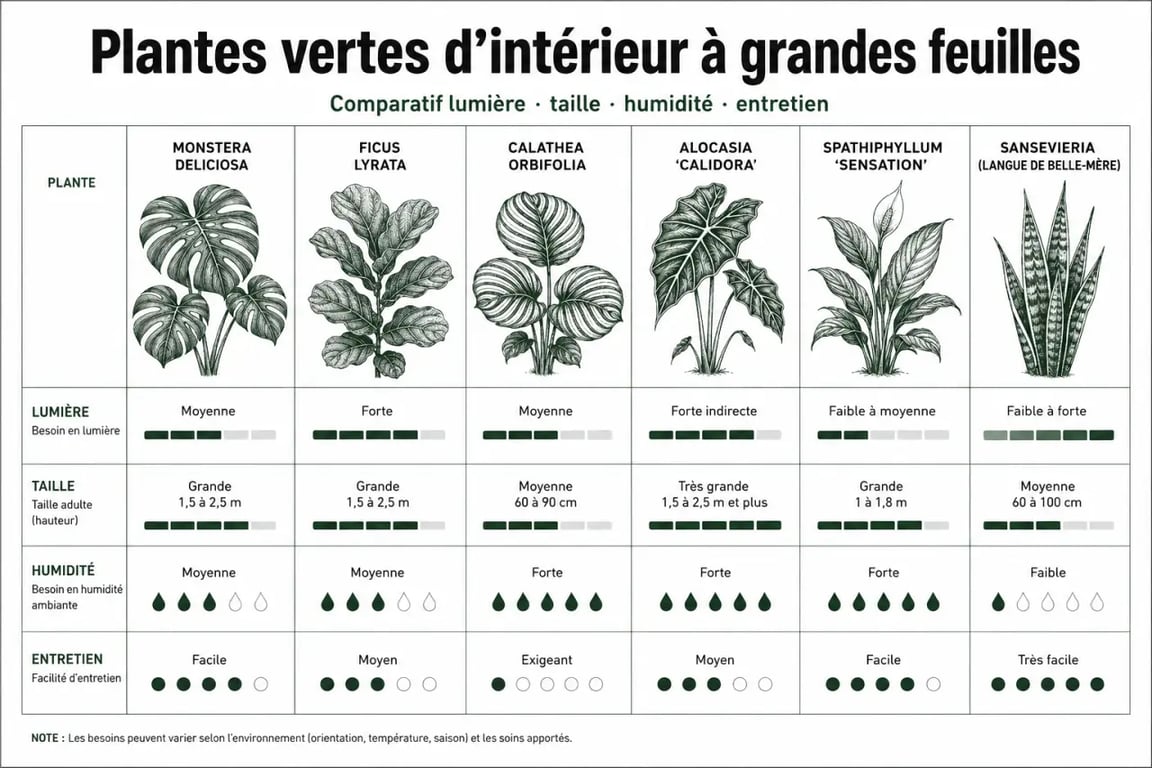 Plante verte grande feuille : tableau comparatif visuel des espèces d’intérieur selon lumière, taille, humidité et entretien