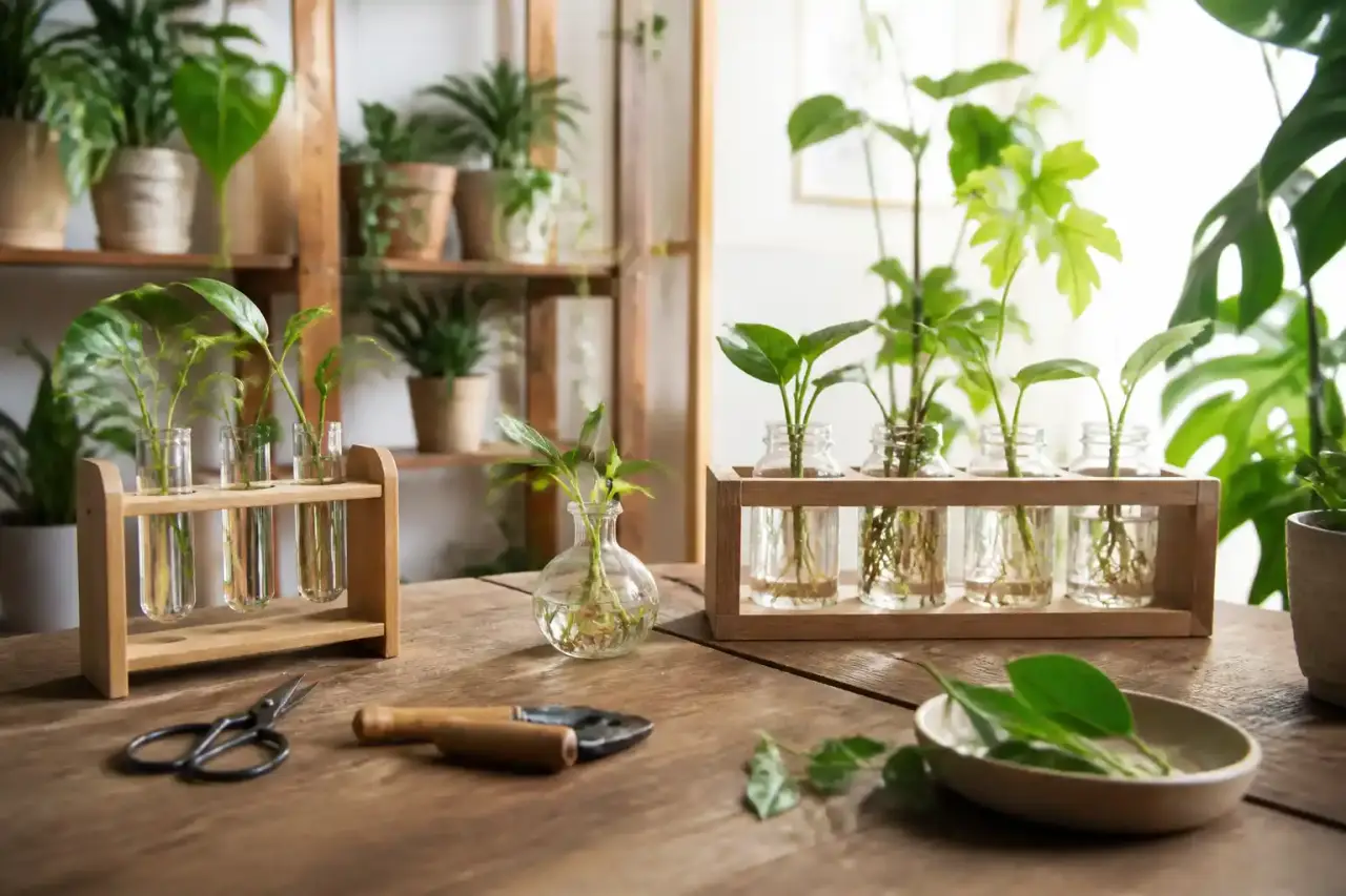 Bouturage de plantes d'intérieur dans des tubes en verre