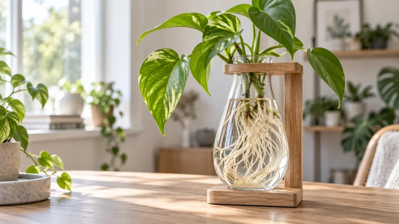 Boutures de plantes d'intérieur présentant de longues racines blanches dans des tubes en verre