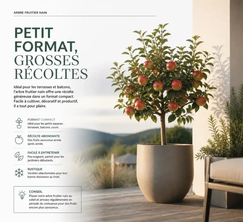 Arbre fruitier nain en pot sur une terrasse