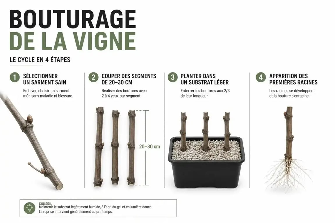 Bouture vigne en quatre étapes : sélection du sarment, coupe, plantation et reprise
