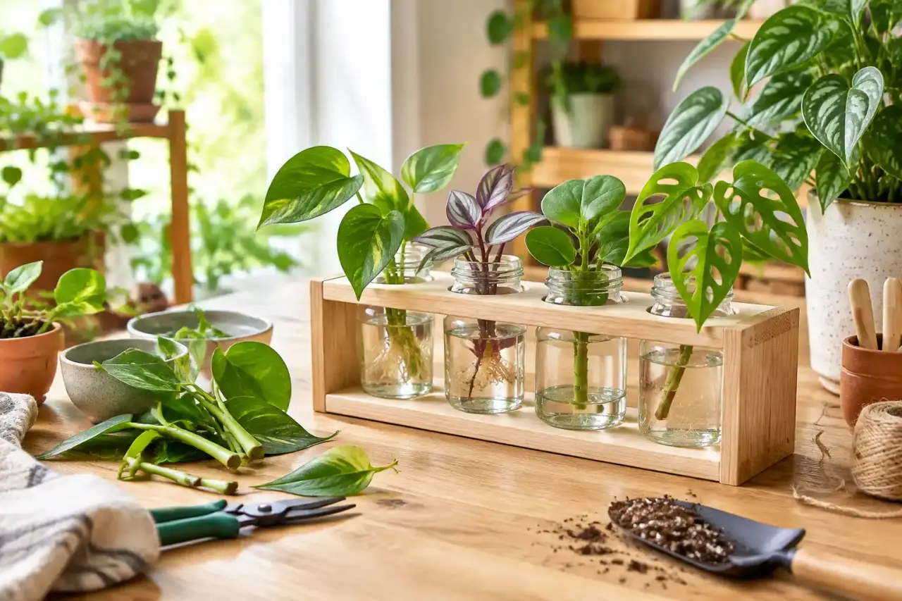 Station de bouturage maison en bois avec des contenants en verre et de jeunes racines