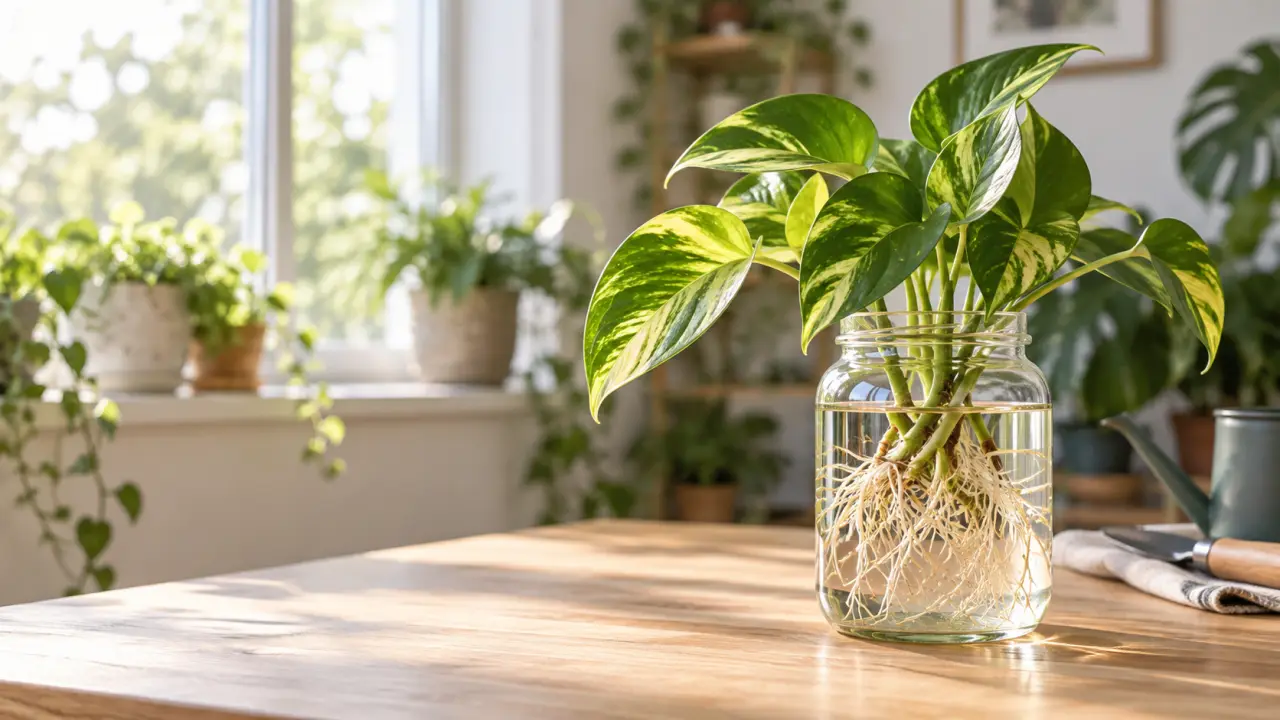 Bouture de pothos dans un tube en verre, avec de longues racines blanches dans l’eau