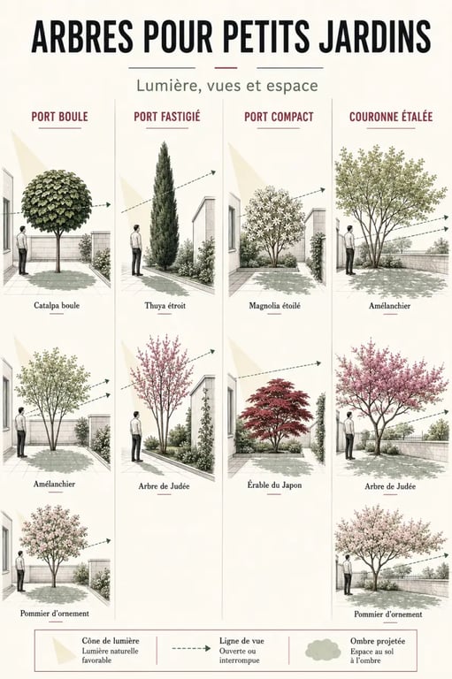 Illustration comparative d’arbres pour petits jardins selon leur port et leur encombrement