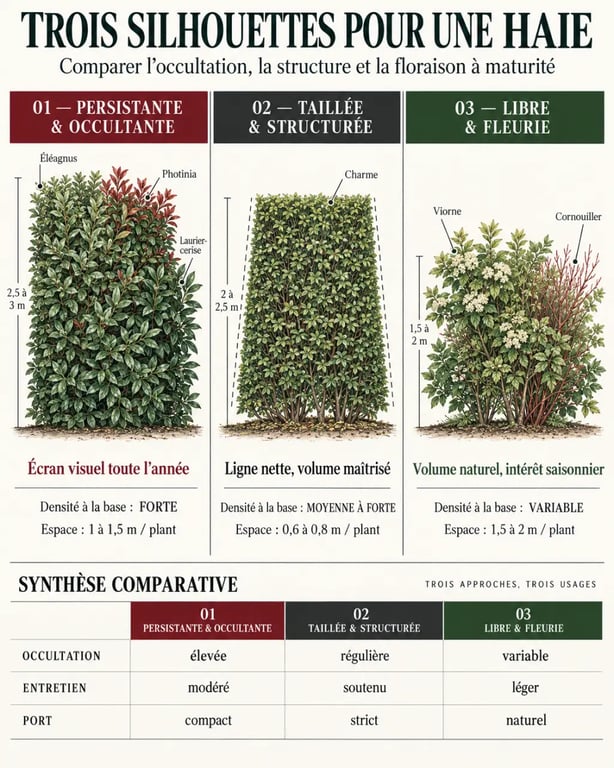 Infographie comparative des arbustes pour haies persistantes, taillées et libres