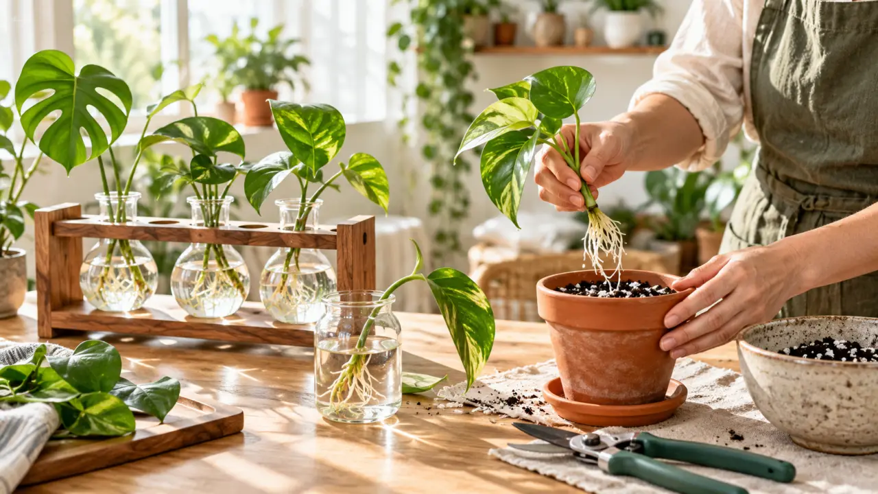 Boutures de plantes d'intérieur dans des tubes en verre, avec de jeunes racines visibles