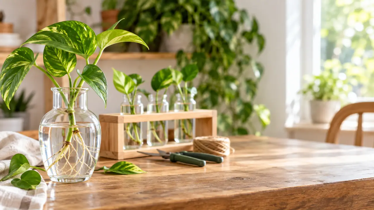 Bouture de pothos développant des racines dans un récipient en verre