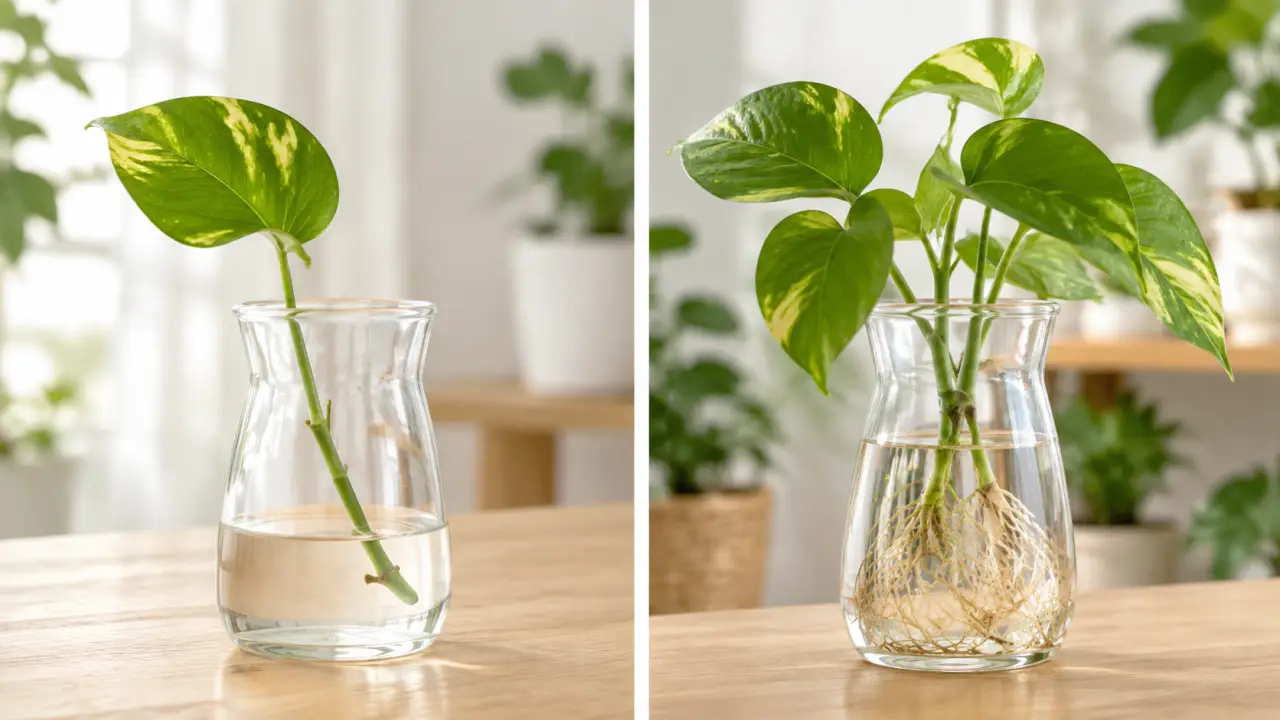 Bouture de pothos développant des racines dans un tube en verre