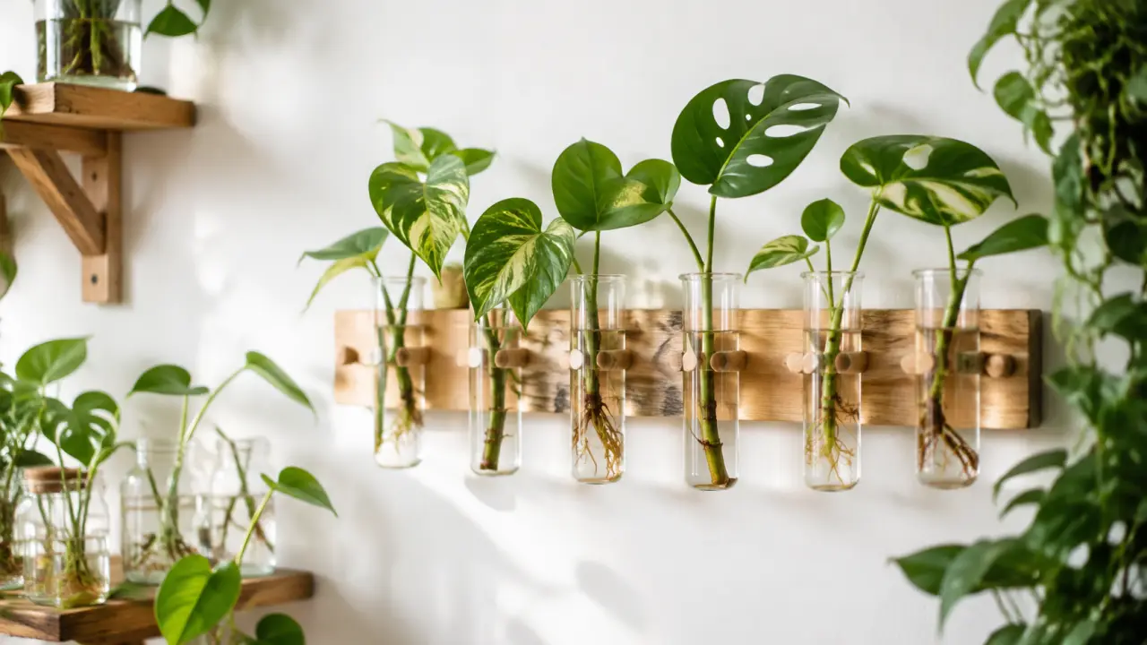 Station murale de bouturage en bois avec tubes en verre, racines visibles et lumière naturelle douce