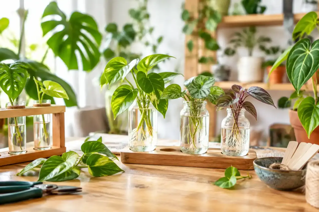 Station de bouturage en bois avec des boutures enracinées dans des tubes en verre