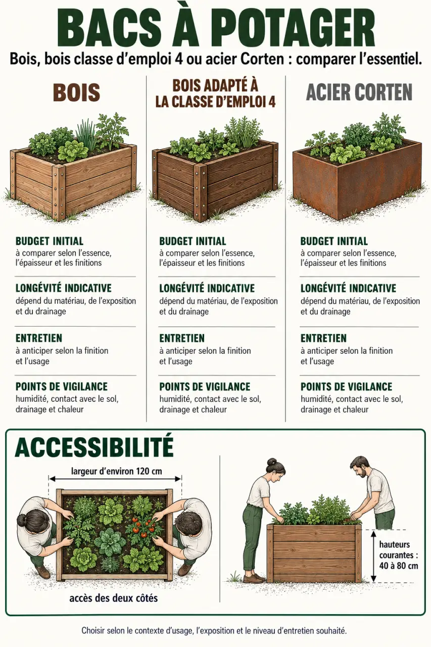 Infographie comparative des bacs à potager en bois et en métal selon le prix, la durée de vie et l’accessibilité