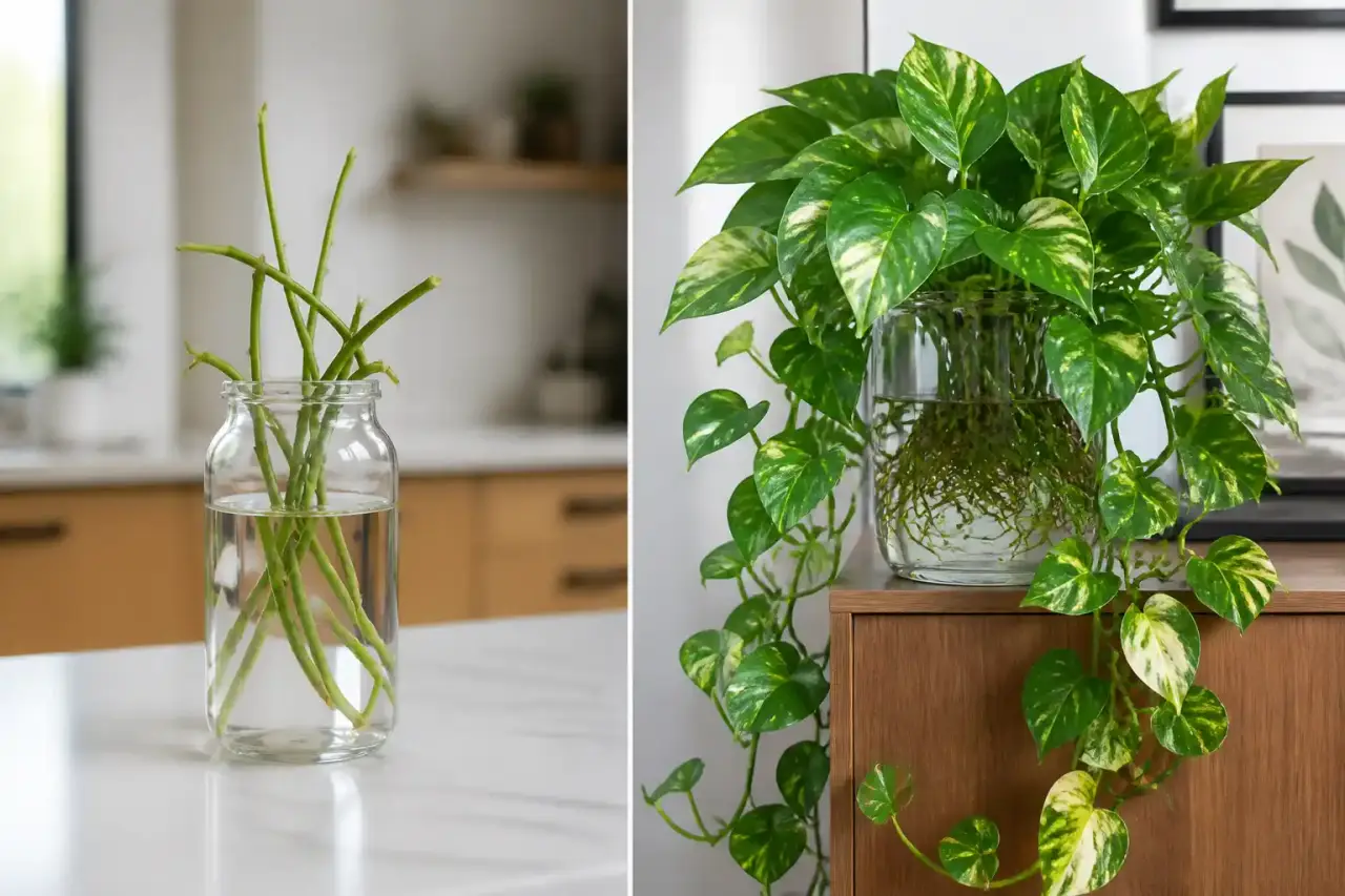 Station de bouturage avec un pothos en cours de reprise dans l'eau