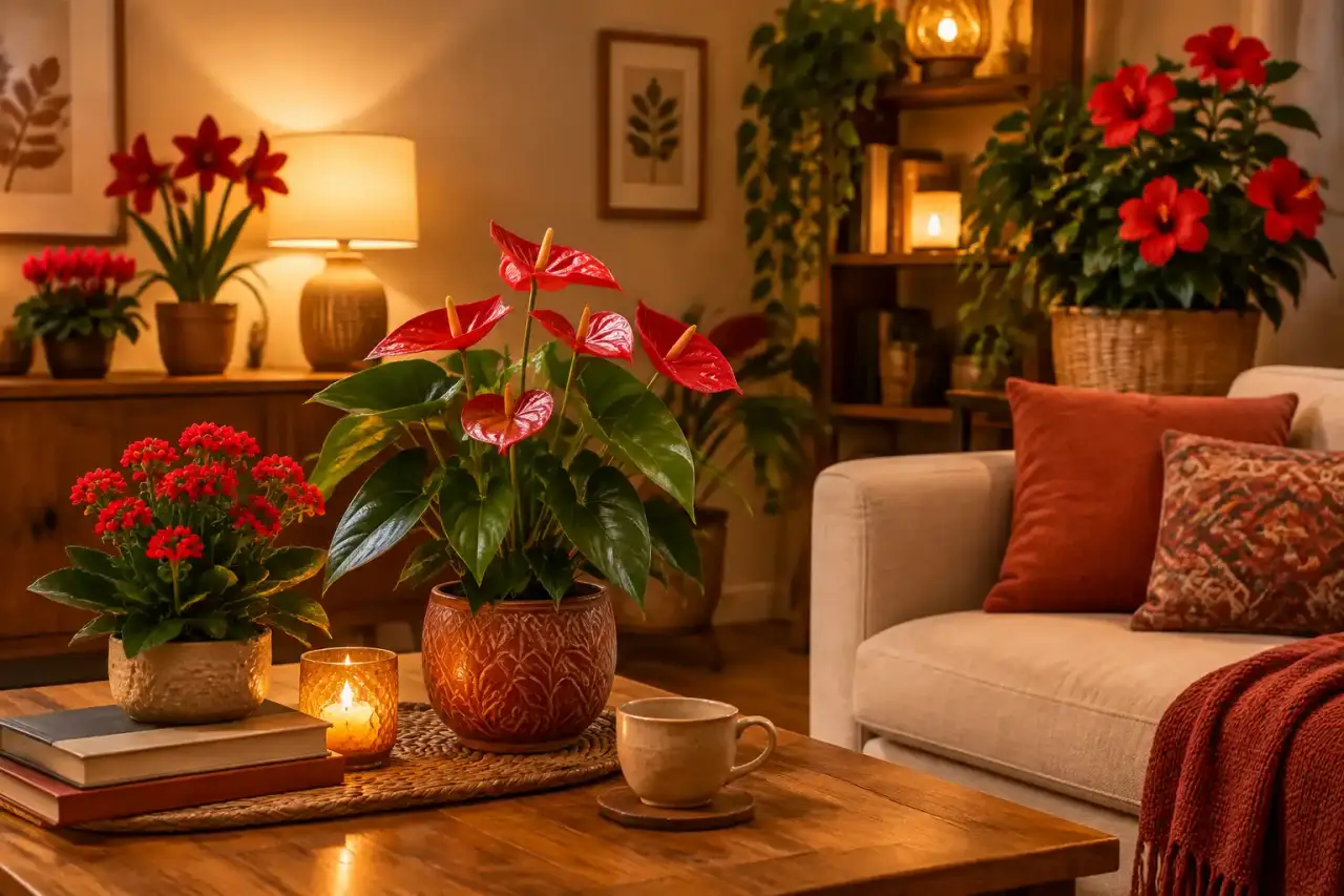 Les plantes d’intérieur à fleurs rouges égayent un salon sans soleil direct