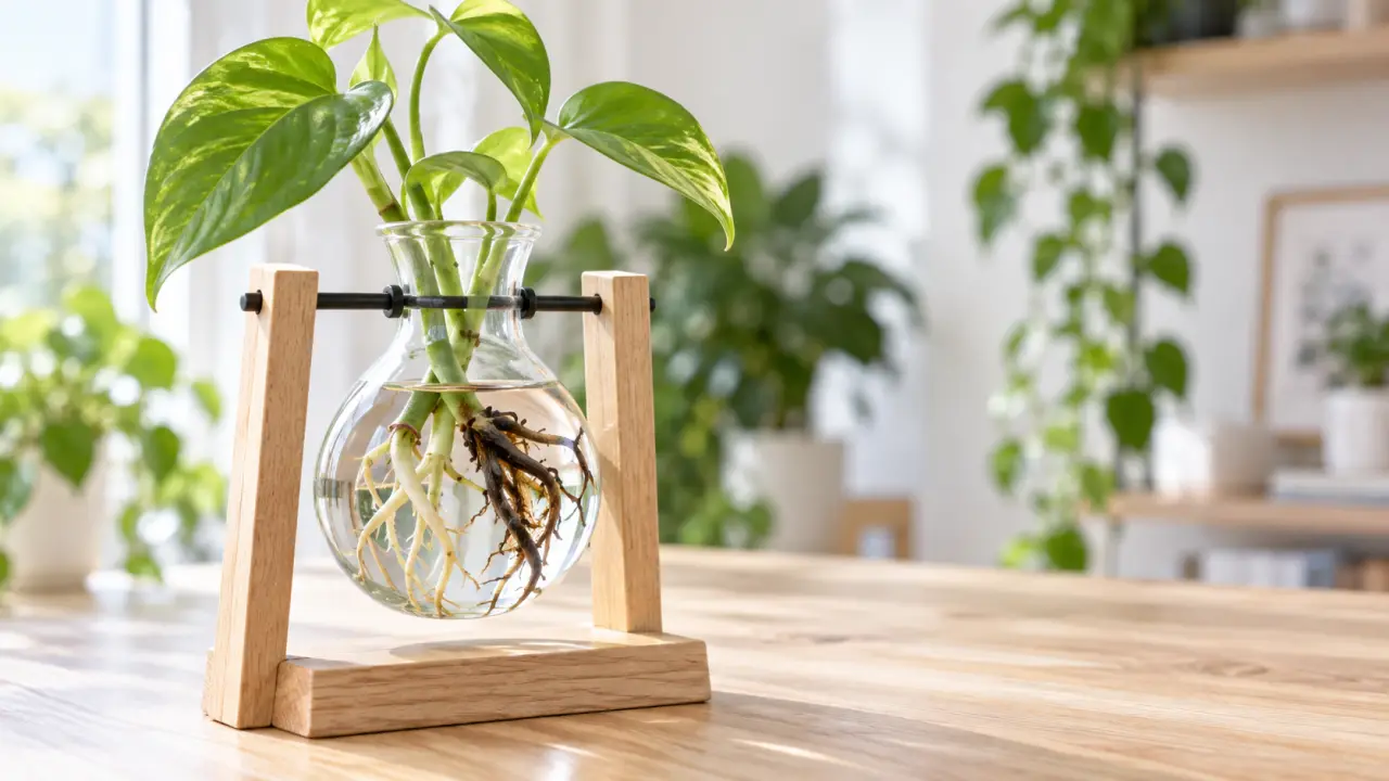 Bouture de plante d'intérieur observée dans un récipient en verre
